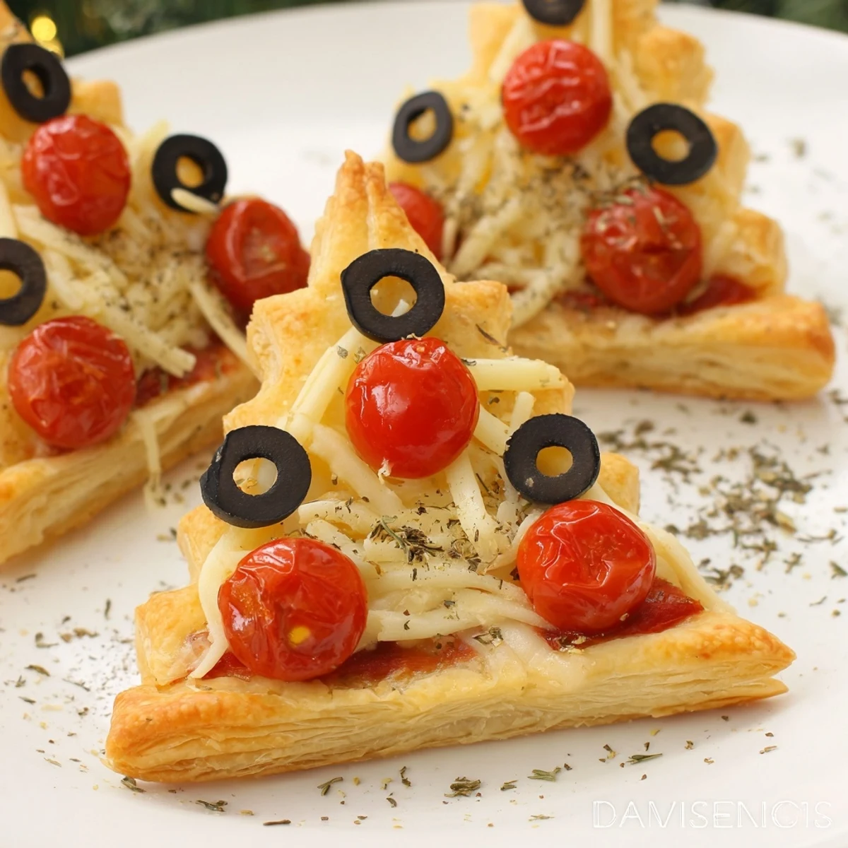 Golden-brown Puff Pastry Christmas Tree Pizza Bites, bubbly cheese, and festive tomato toppings are ready.