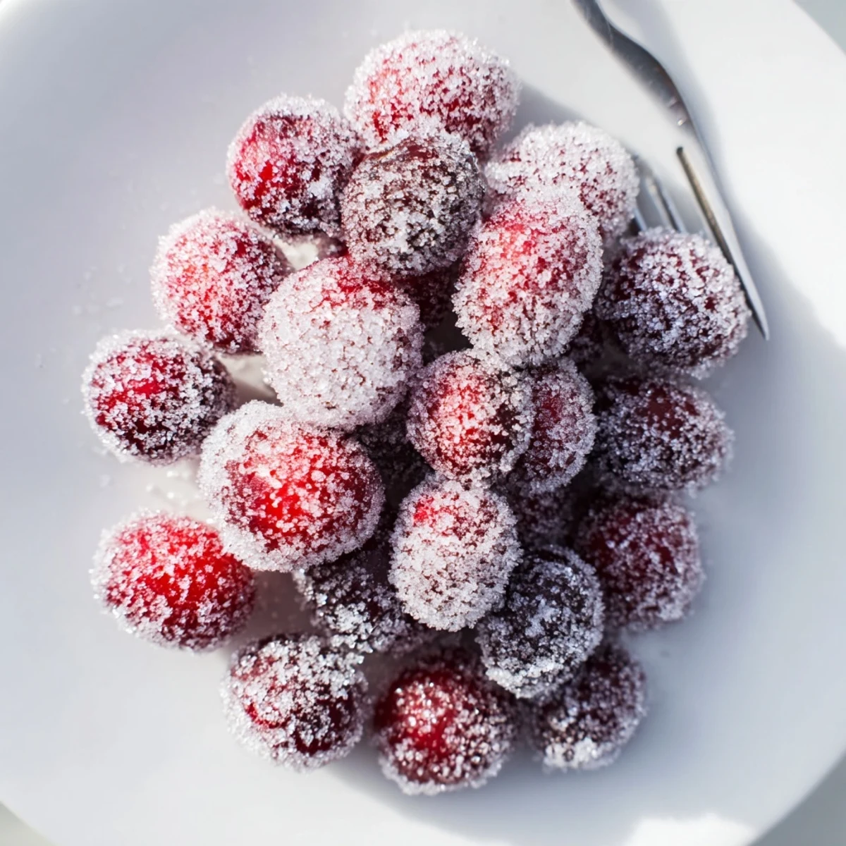 Vibrant 5-Minute Express Candied Cranberries, coated in sparkling sugar, are ready for your festive snack.