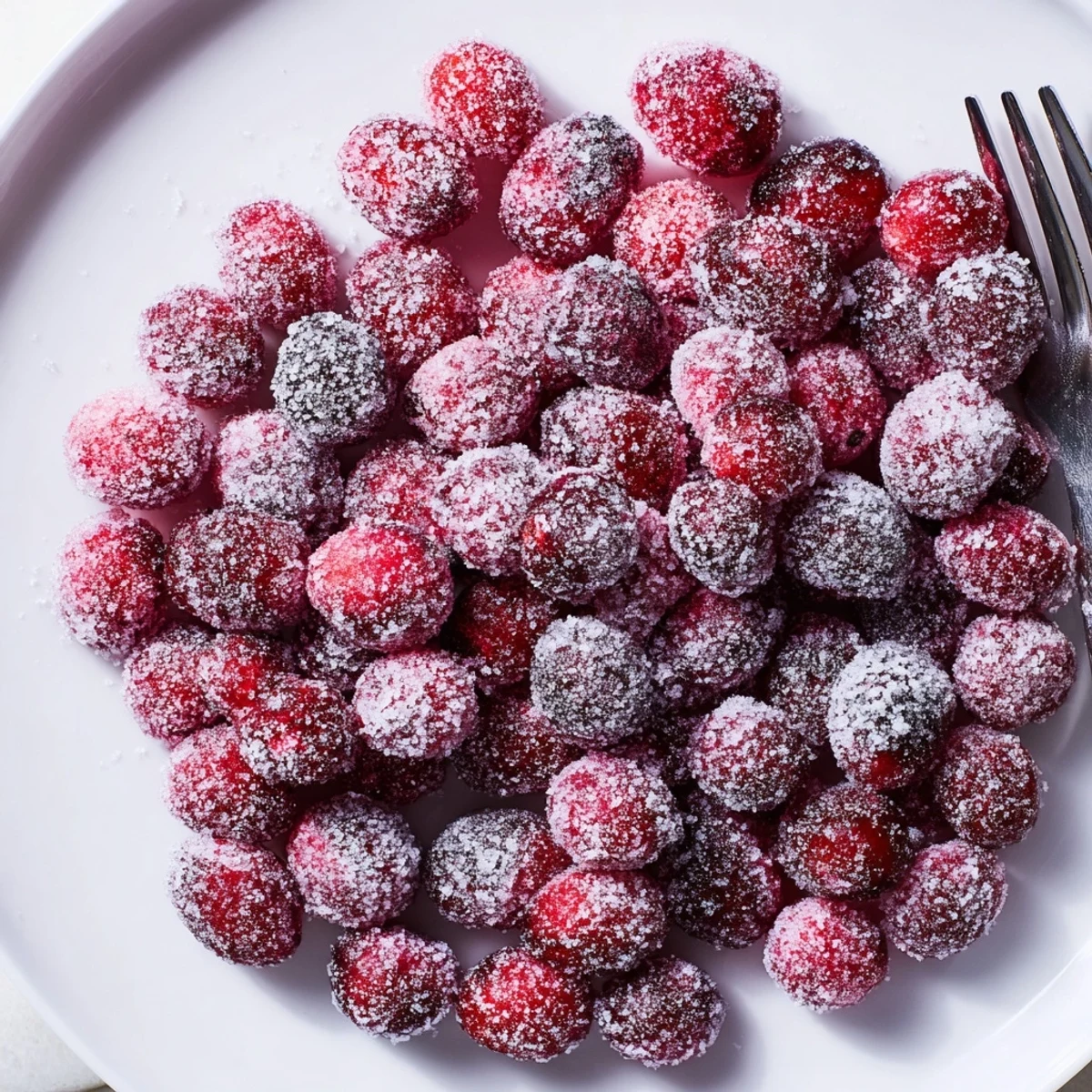 Image shows glistening, ruby red 5-Minute Express Candied Cranberries, perfect for topping holiday desserts.
