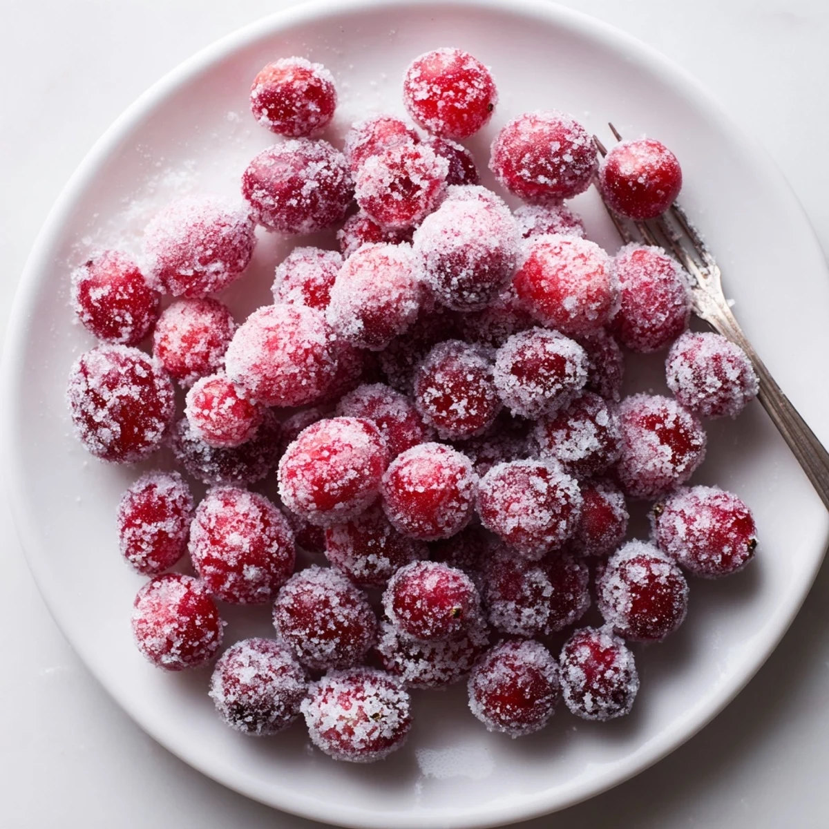 Close-up of candied, sugared 5-Minute Express Candied Cranberries: a sweet and tart treat for the season.