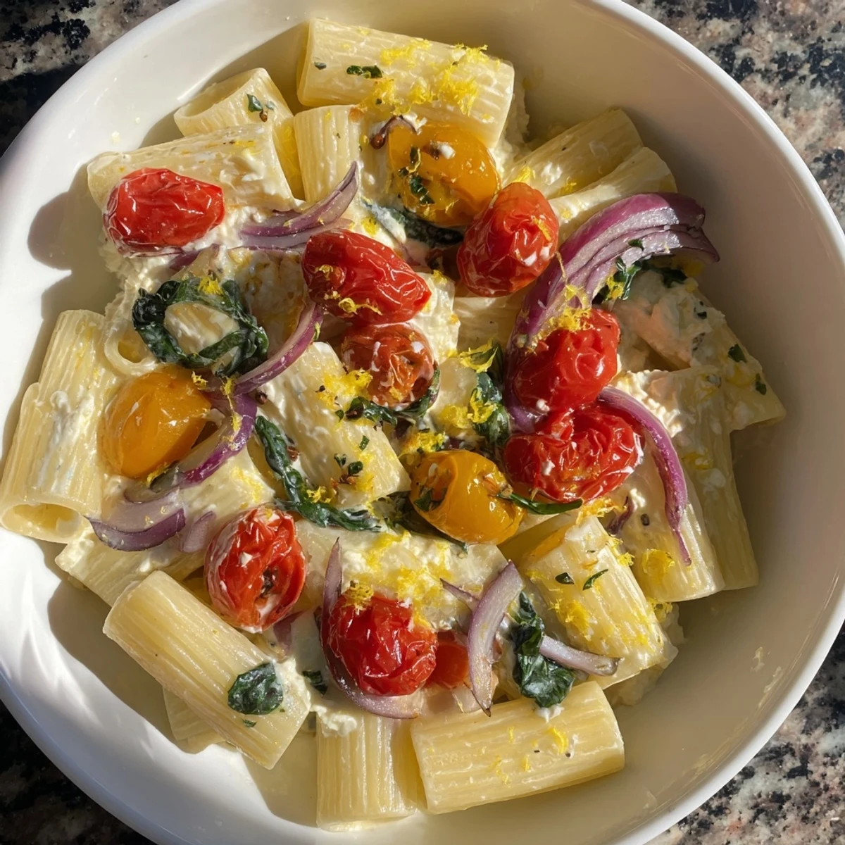 Golden baked feta Christmas pasta, bursting with vibrant tomatoes and seasonal herbs, ready to enjoy.