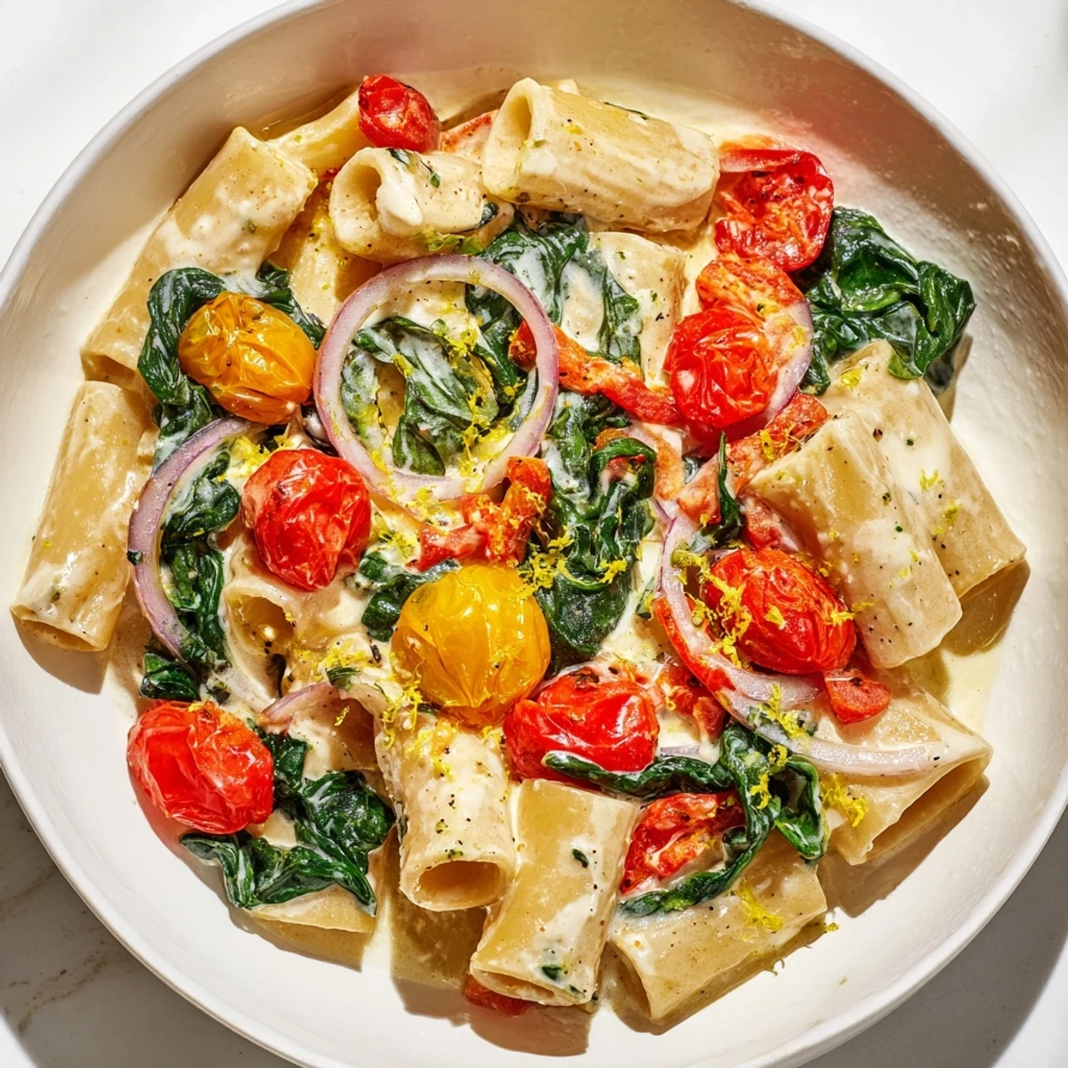 Creamy, melted feta coats the one-pan baked Christmas pasta, mingled with colorful vegetables and herbs.