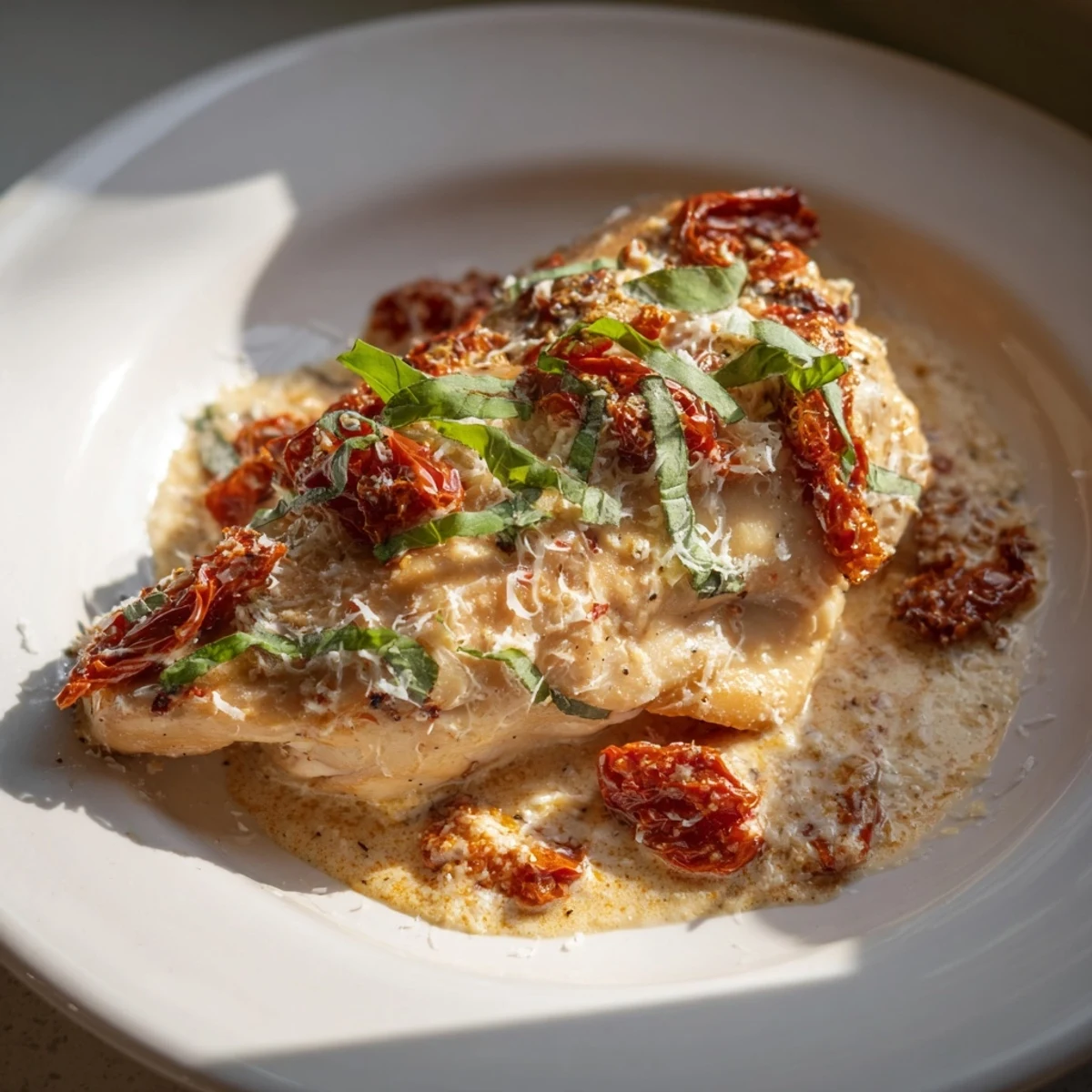 Creamy, flavorful sauce coats the tender Marry Me Chicken Thighs, perfect for a cozy dinner.