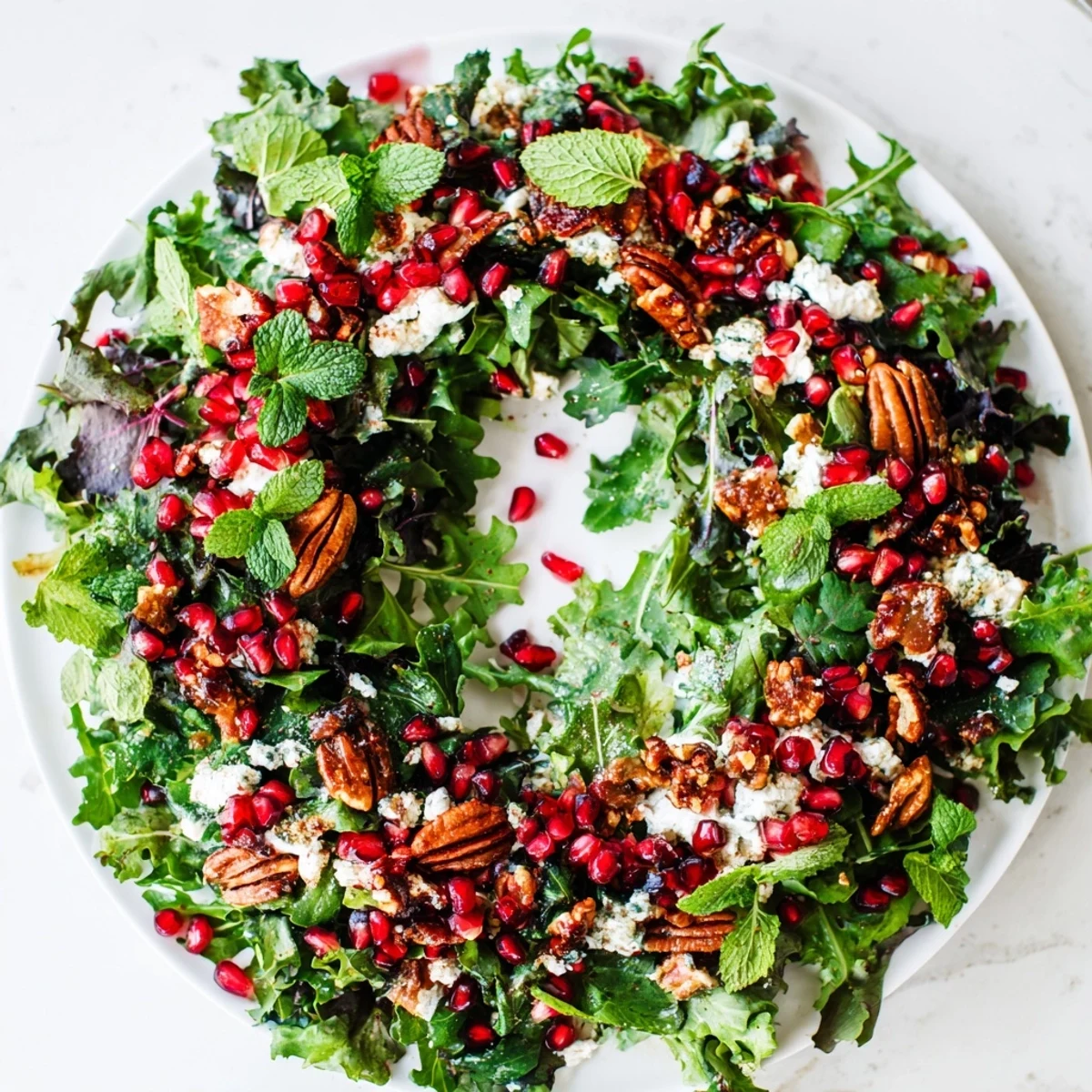 Vibrant Pomegranate Feta Wreath Salad, a festive dish with glistening pomegranate seeds and creamy feta.