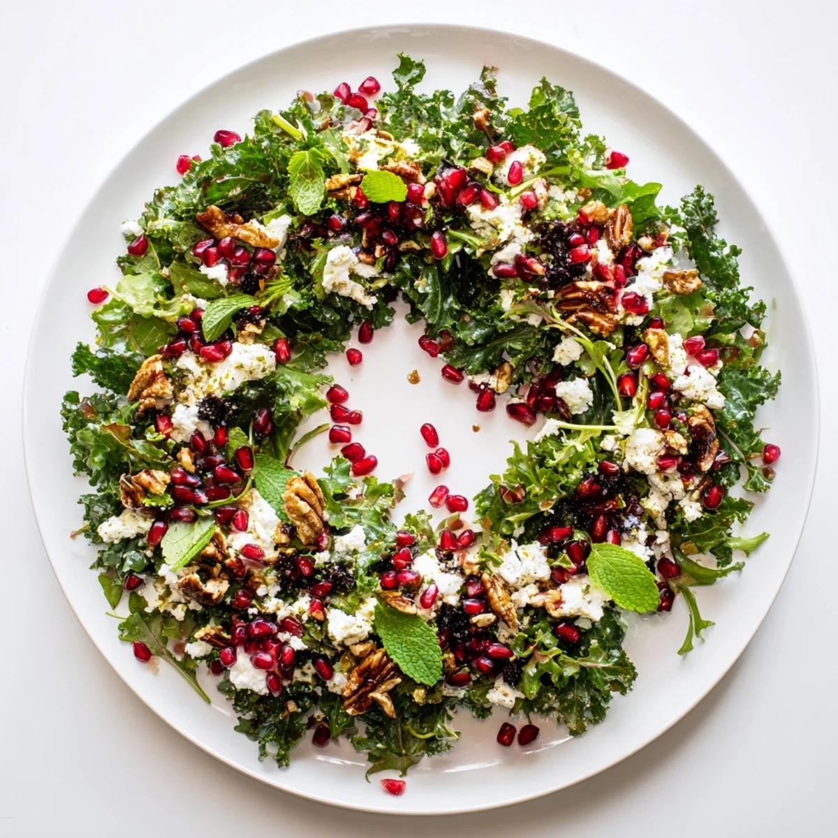 This stunning Pomegranate Feta Wreath Salad features a wreath of fresh greens, ready to enjoy.