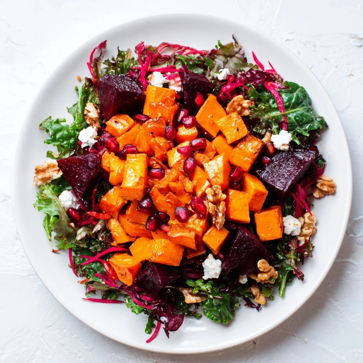 This delicious Hot Girl Winter Salad shows a medley of roasted vegetables and fresh greens, drizzled with dressing.