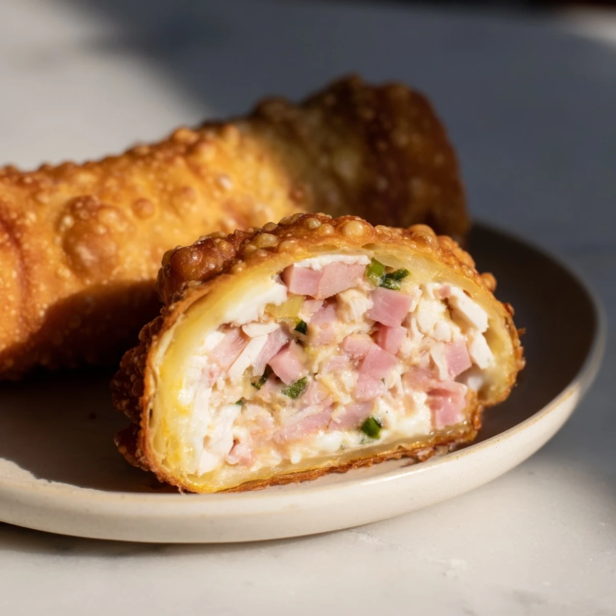 Close-up of freshly fried Crispy Chicken Greggs Egg Rolls, showing their flaky, golden egg roll shell texture.