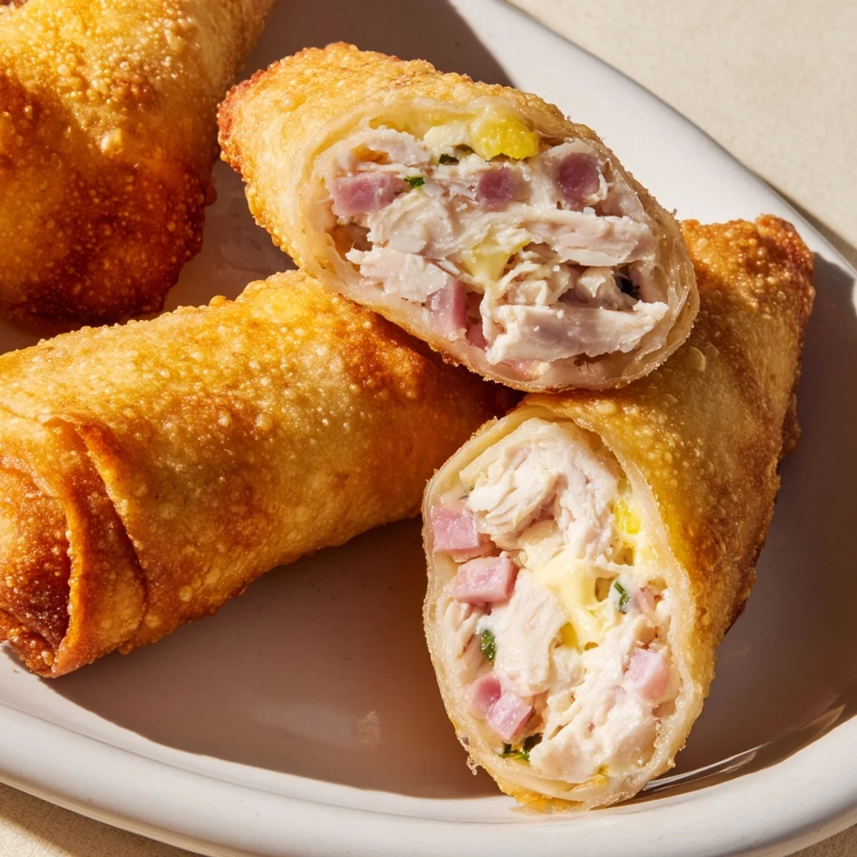 Golden, crispy Crispy Chicken Greggs Egg Rolls, served hot with a potential dipping sauce, look amazing.