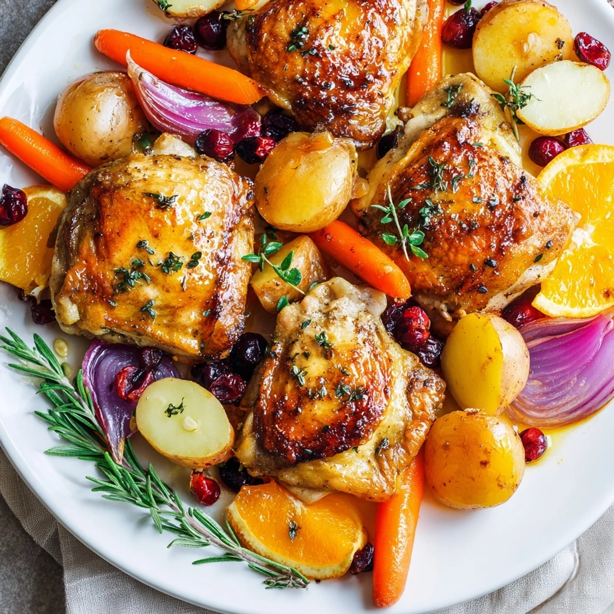 Golden skin on the one-pan olive oil roast chicken with cranberries, surrounded by roasted vegetables.