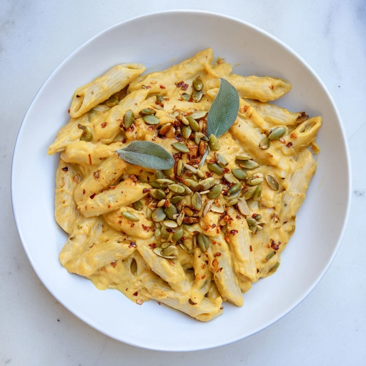 Creamy Vegan Pumpkin Pasta served in a bowl, showing the rich, vibrant orange sauce coating each noodle.