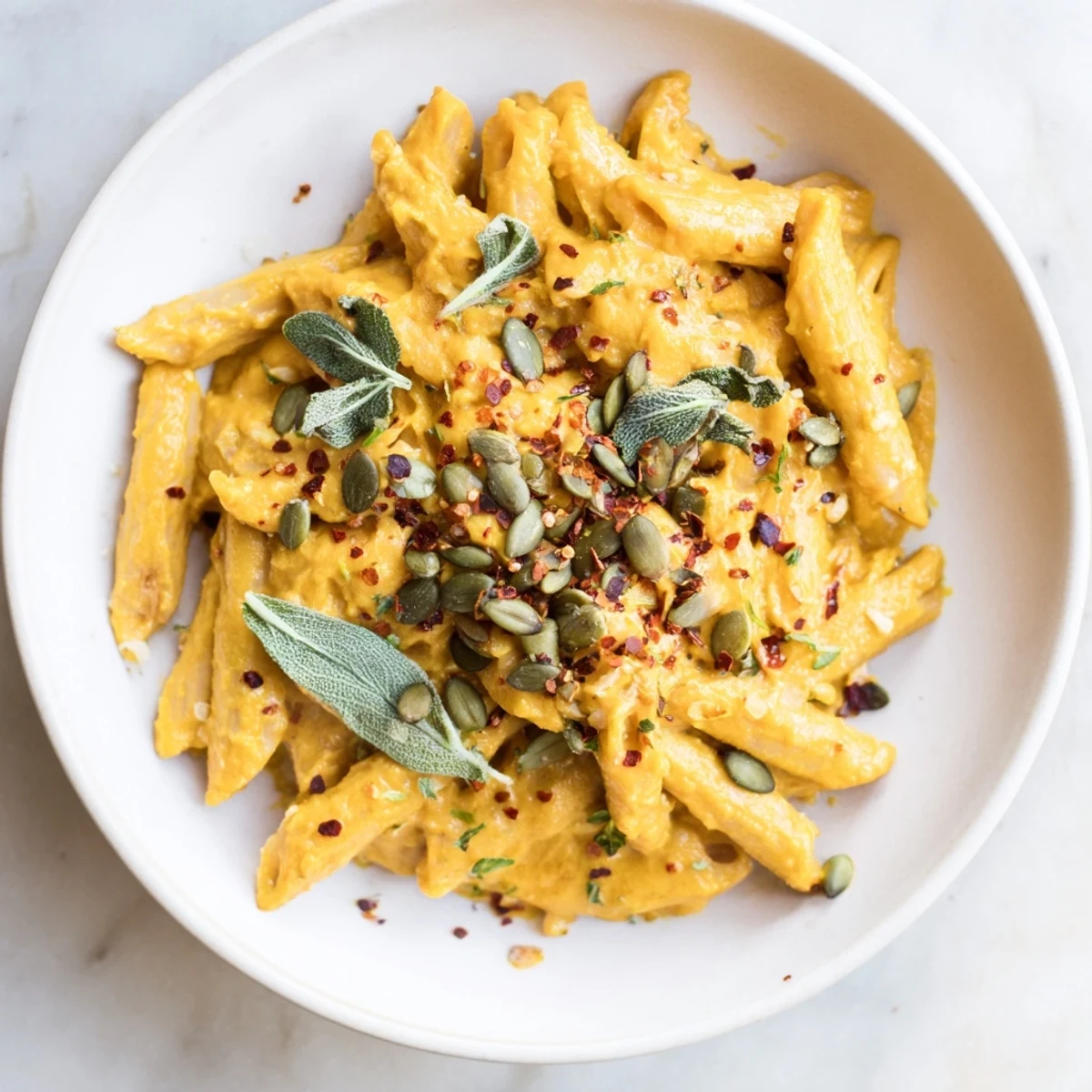 A close-up of Vegan Creamy Pumpkin Pasta with toasted pumpkin seeds, perfect for fall dinner enjoyment.