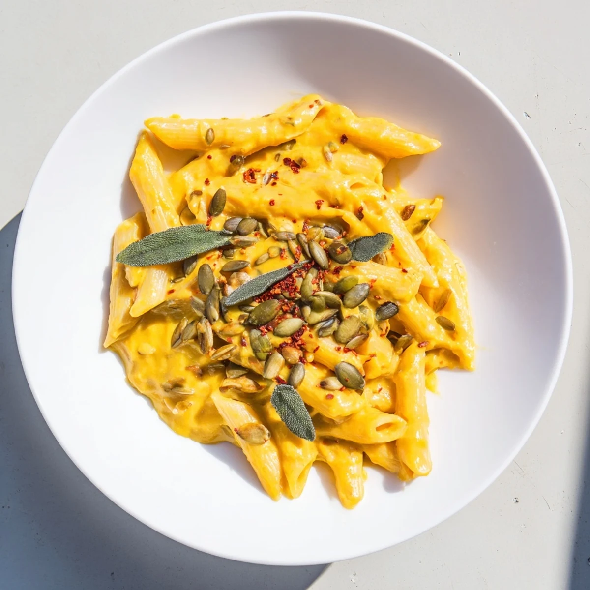 This Vegan Creamy Pumpkin Pasta dish showcases a comforting, savory sauce with hints of sage for a tasty meal.