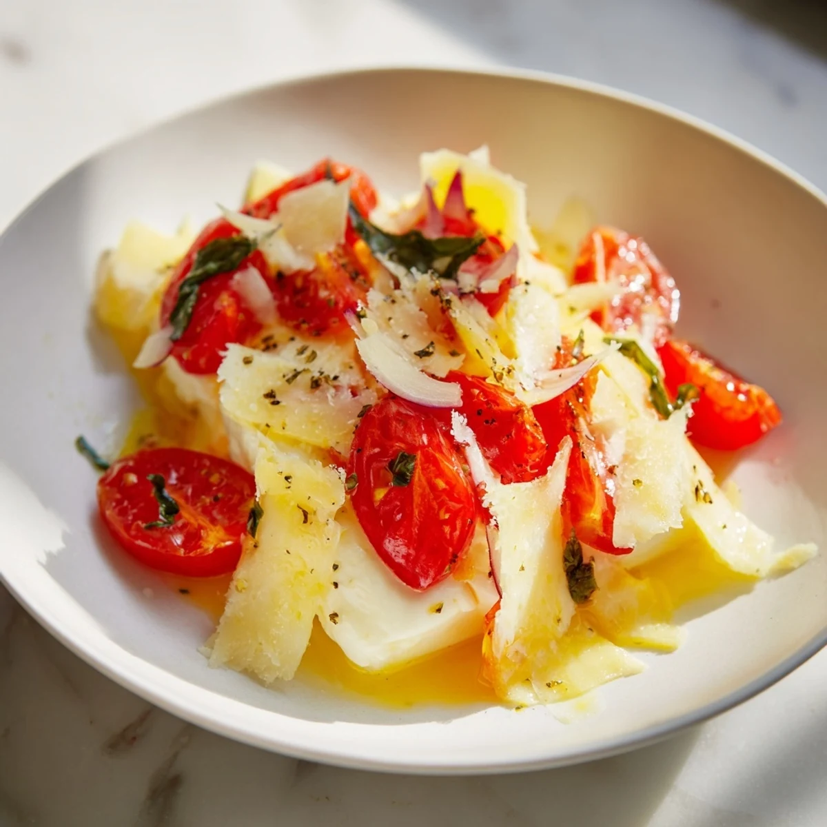 Mediterranean-inspired Speedy Feta-Free Tomato Bake: a vegetarian comfort dish with juicy tomatoes and baked mozzarella.