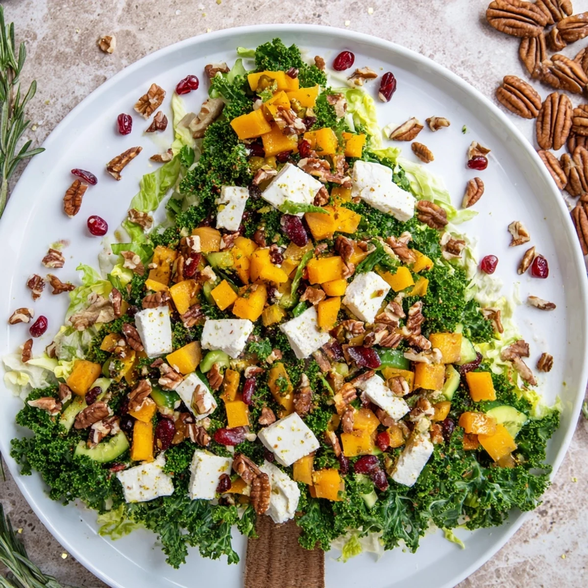 Freshly tossed Chopped Christmas Tree Salad, ready to serve, showcases festive, colorful ingredients for the holidays.