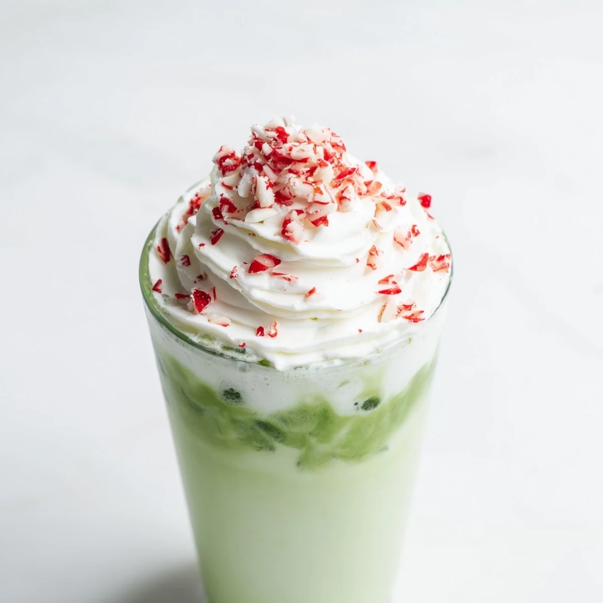 This Sugar-Free White Chocolate Candy Cane Iced Matcha shows a refreshing, layered drink with whipped cream and crushed candy.