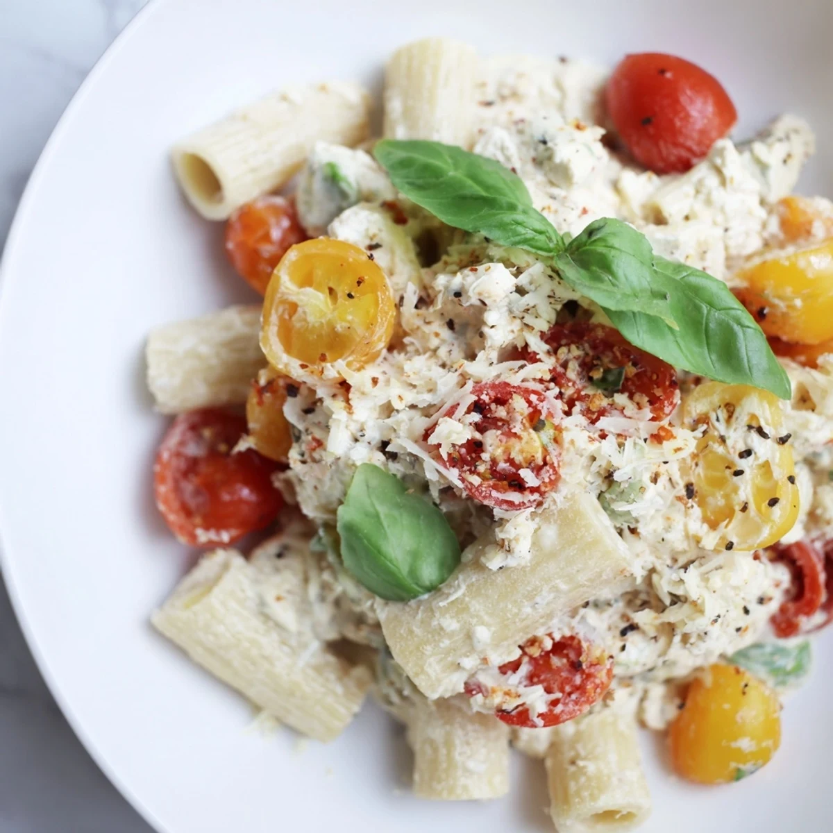 Baked Feta Snowfall Cherry Tomato Christmas Pasta, warm from the oven, with melting feta and vibrant tomatoes.
