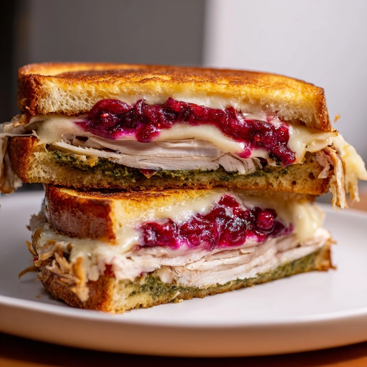 Golden-brown Pesto Cranberry Turkey Grilled Cheese Melt, oozing melted cheese and savory turkey, ready to eat.