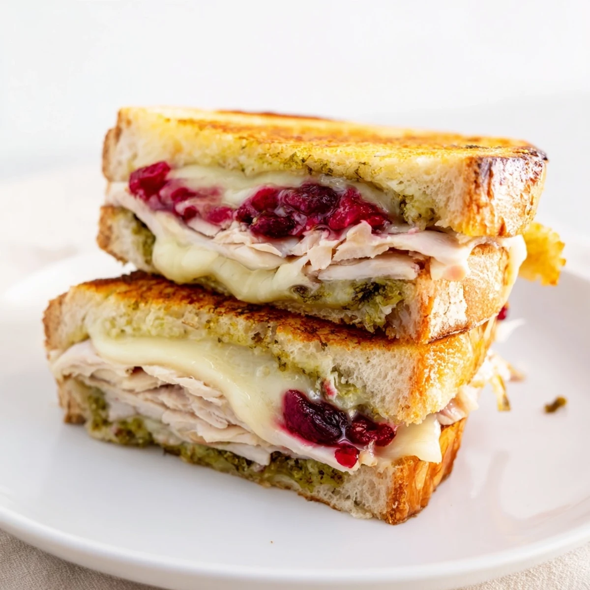A visually appealing close-up of a perfectly grilled Pesto Cranberry Turkey Grilled Cheese Melt, sliced and steaming.
