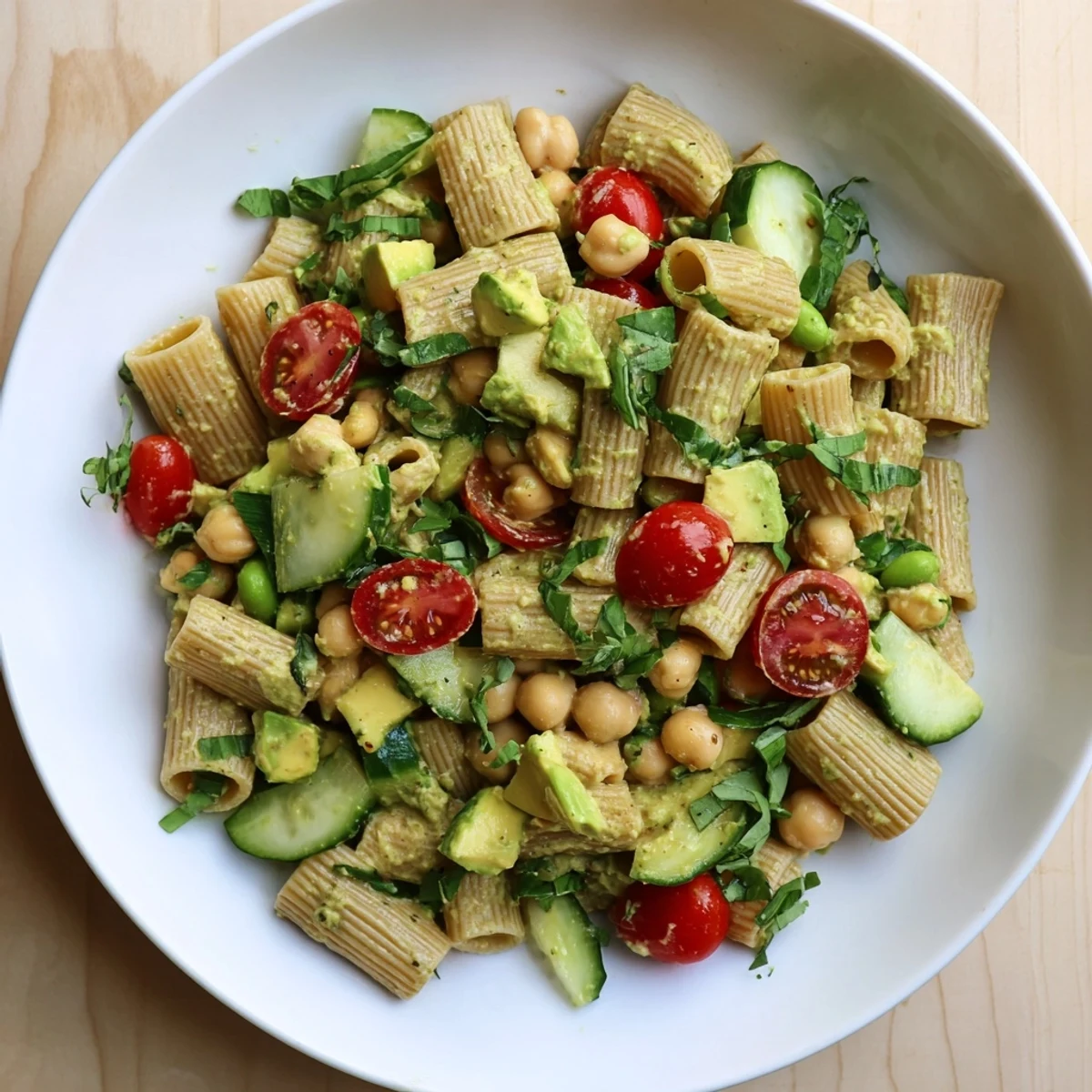 Freshly tossed Holiday Glow Green Goddess Protein Pasta Salad, with vibrant vegetables and creamy dressing.