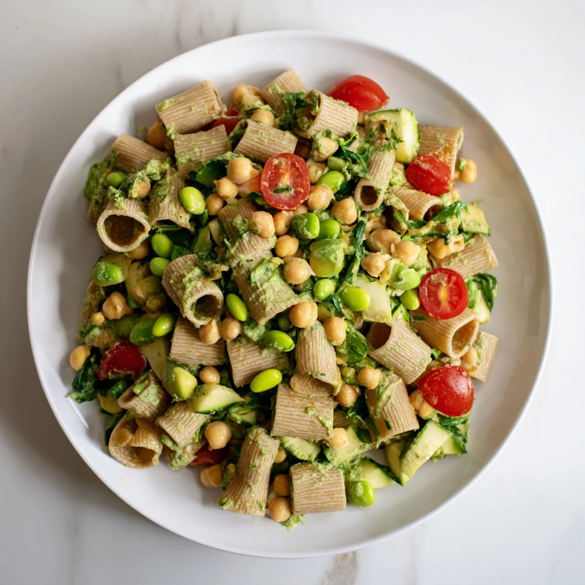 A colorful bowl of Holiday Glow Green Goddess Protein Pasta Salad, ready for a healthy and satisfying meal.