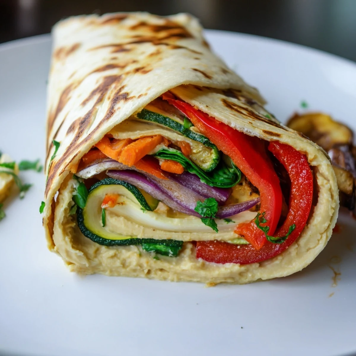 Crispy edges and a delightful filling: a healthy Snowflake Hummus & Roasted Veggie Wrap meal.
