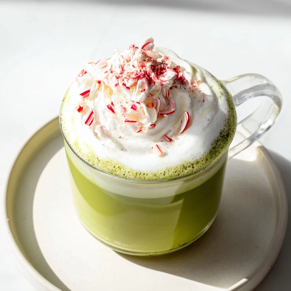 A beautiful, rich close-up of a festive Cozy Peppermint Matcha Christmas Latte, perfect for holiday celebrations.