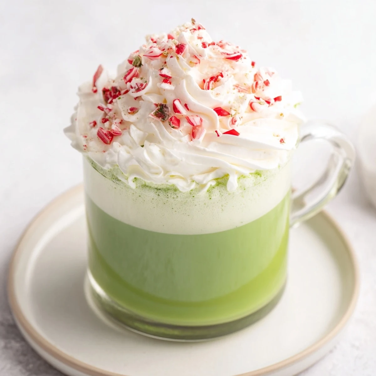 Delicious and aromatic Cozy Peppermint Matcha Christmas Latte, served warm, promising a refreshing winter beverage.