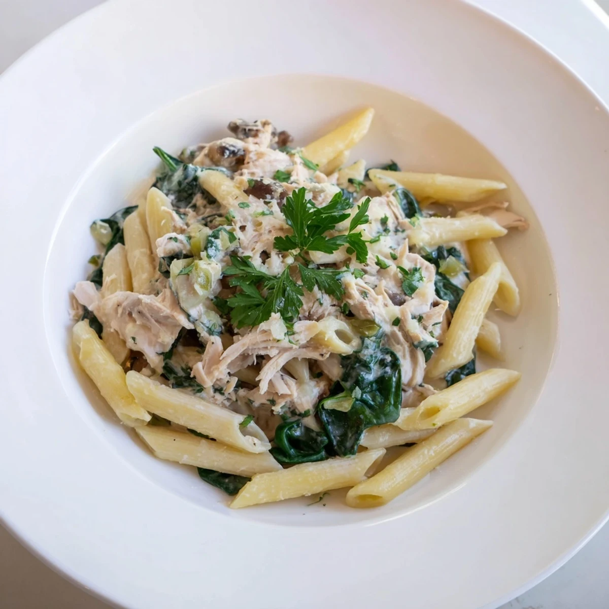Steaming bowl of One-Pot Creamy Spinach & Turkey Christmas Pasta, garnished with fresh parsley and Parmesan.
