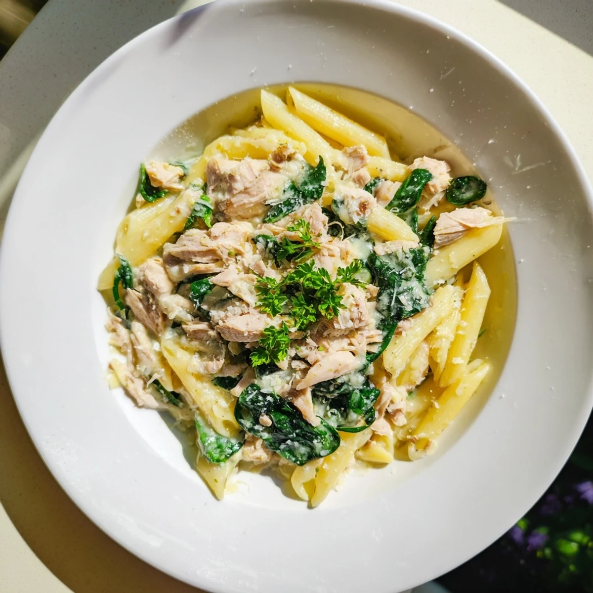 A close-up of One-Pot Creamy Spinach & Turkey Christmas Pasta showcasing rich cream sauce and tender turkey.