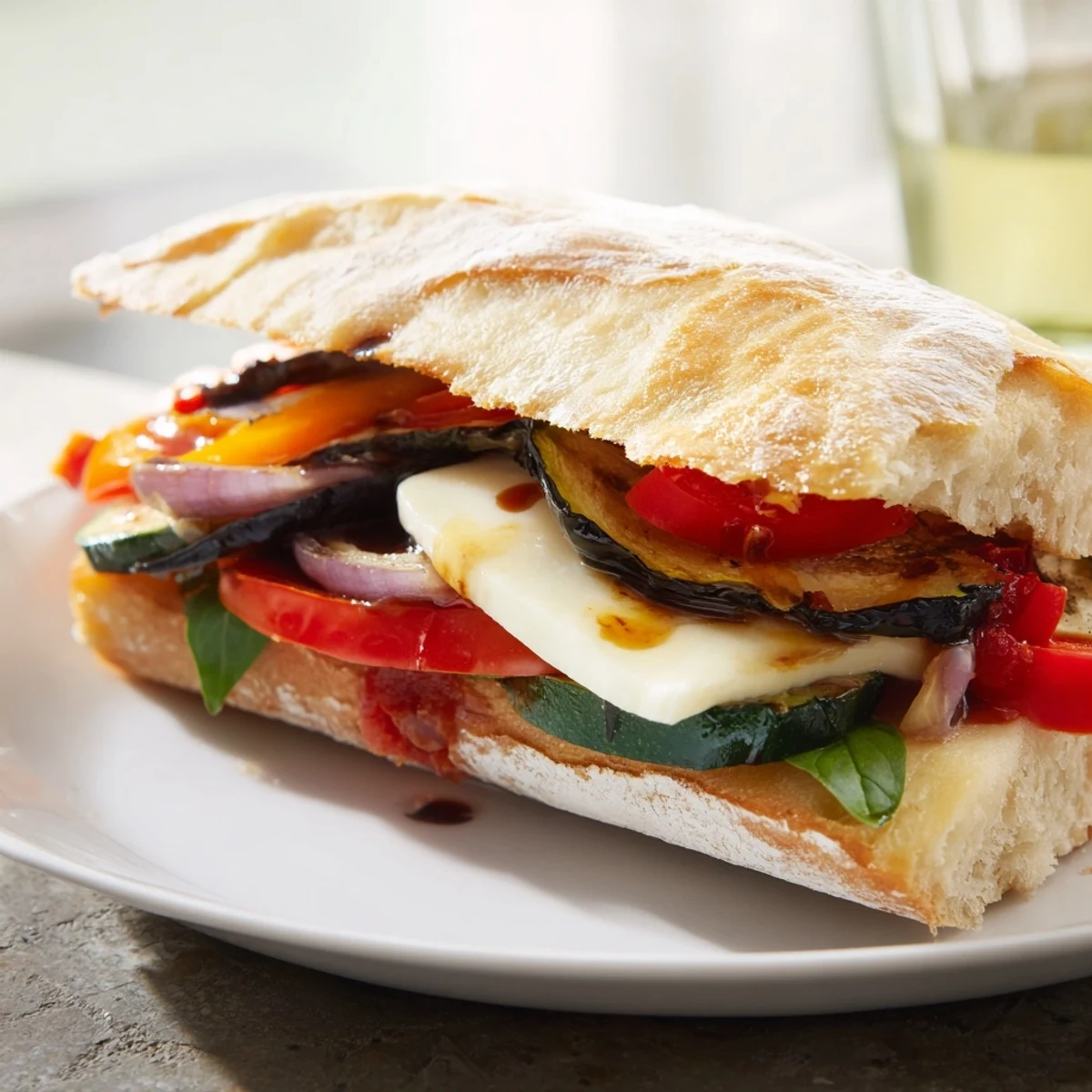 Savory sheet-pan roasted veggie Caprese grilled cheese with a crispy, buttery sourdough exterior and warm, gooey interior.