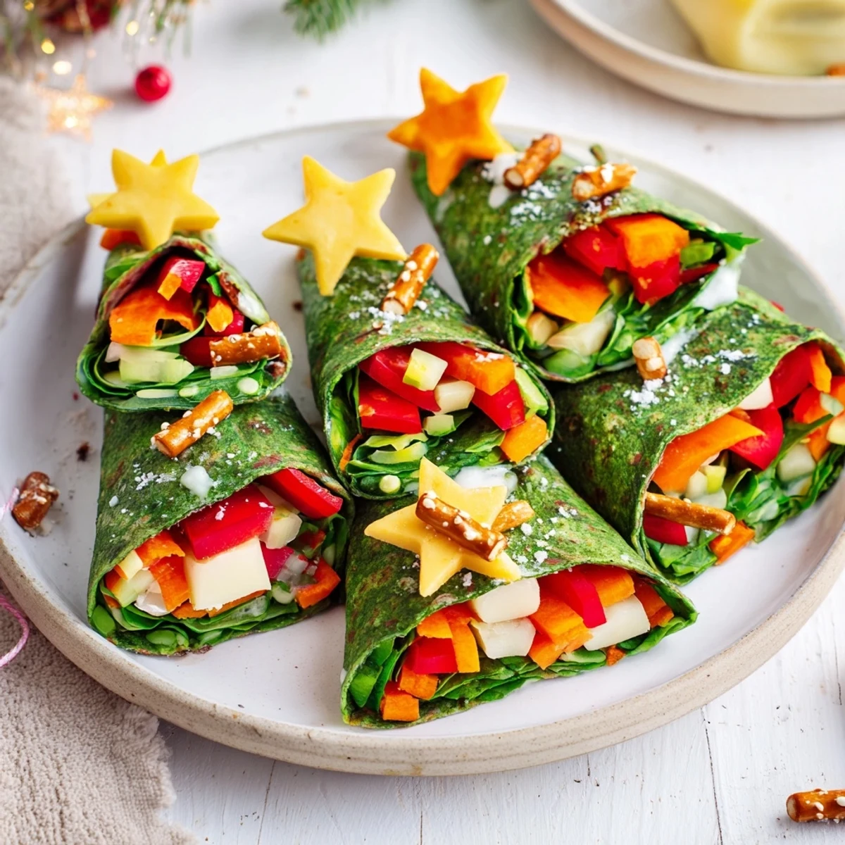Crispy Air Fryer Christmas Tree Veggie Tortilla Wraps showcase colorful veggies and a creamy filling, perfect for holiday appetizers.