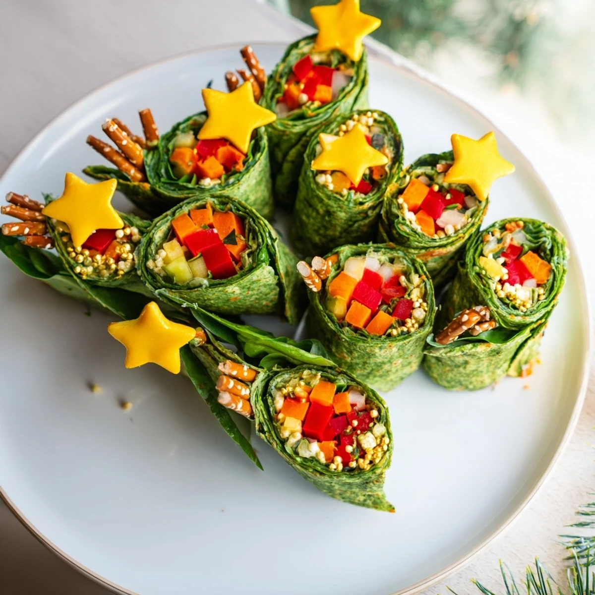 Golden air-fried Air Fryer Christmas Tree Veggie Tortilla Wraps feature vibrant bell peppers and carrot, festive and delicious.