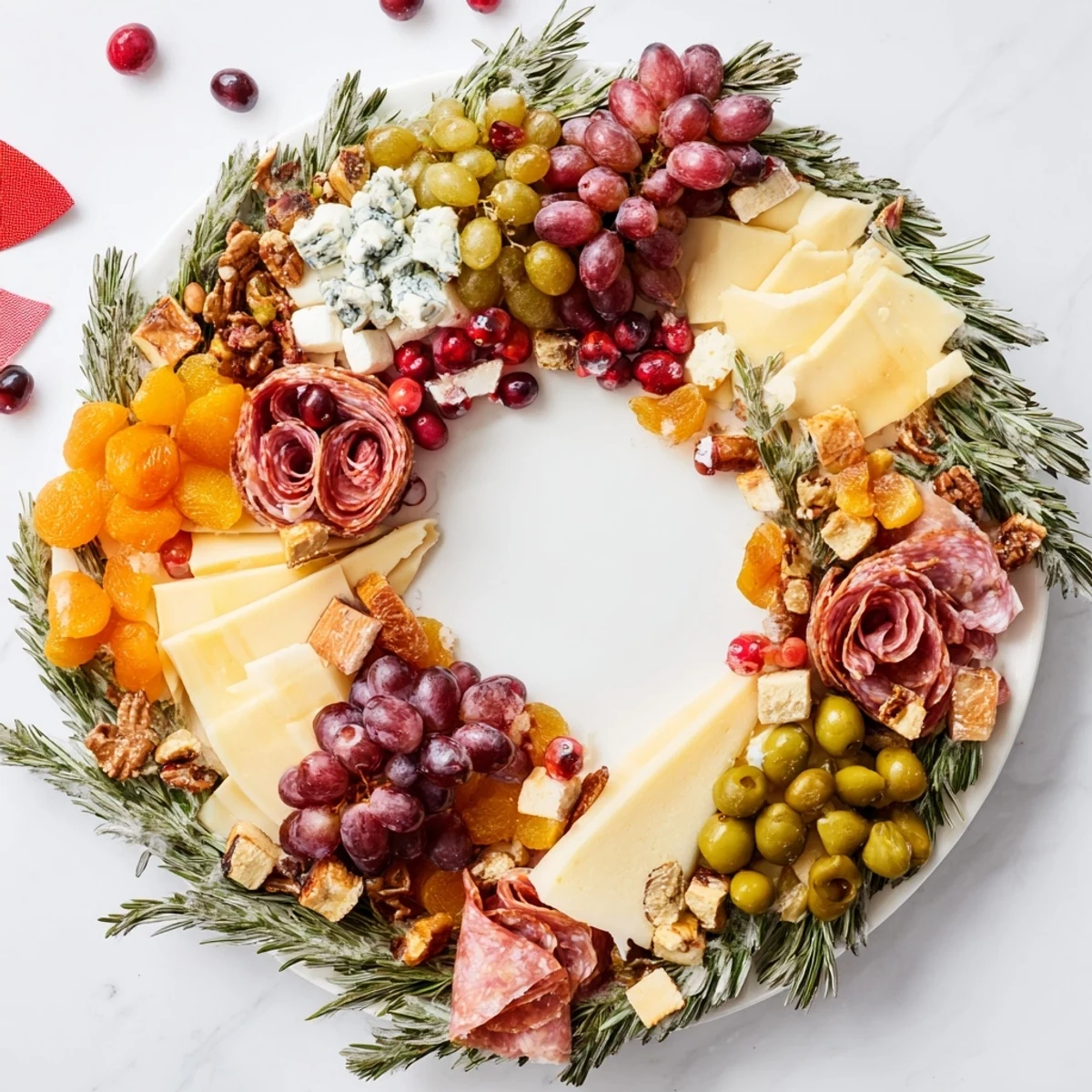 This easy Holiday Wreath Cheese Platter presents delicious cheeses, grapes, and nuts, perfect for parties.