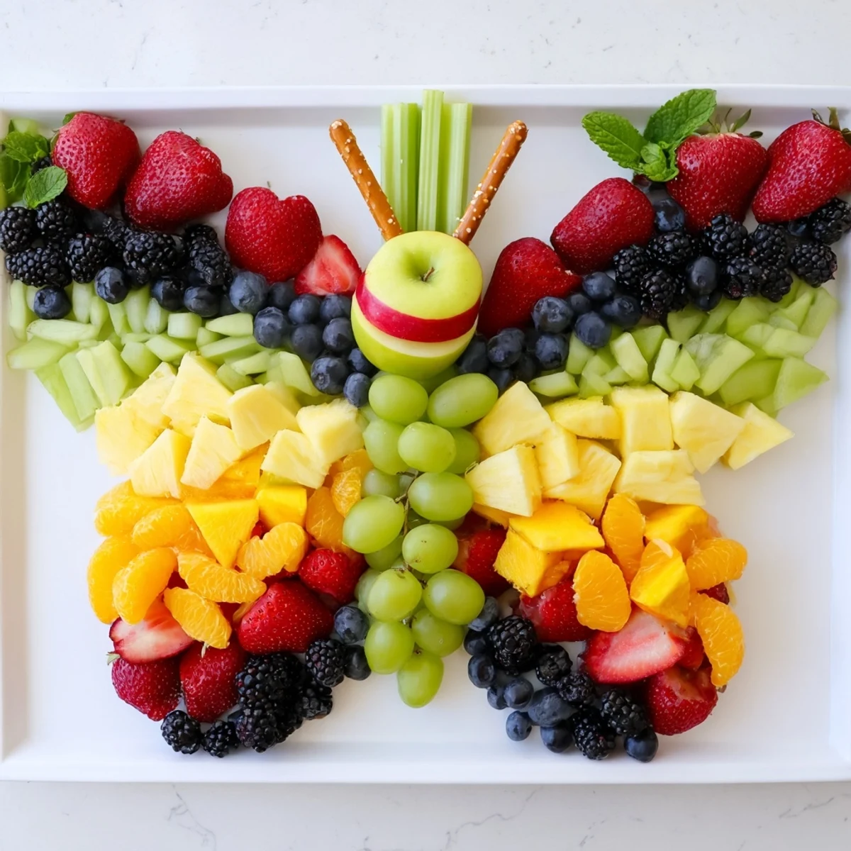 Butterfly fruit tray bursting with colorful fresh fruit, a healthy snack, perfect for parties.