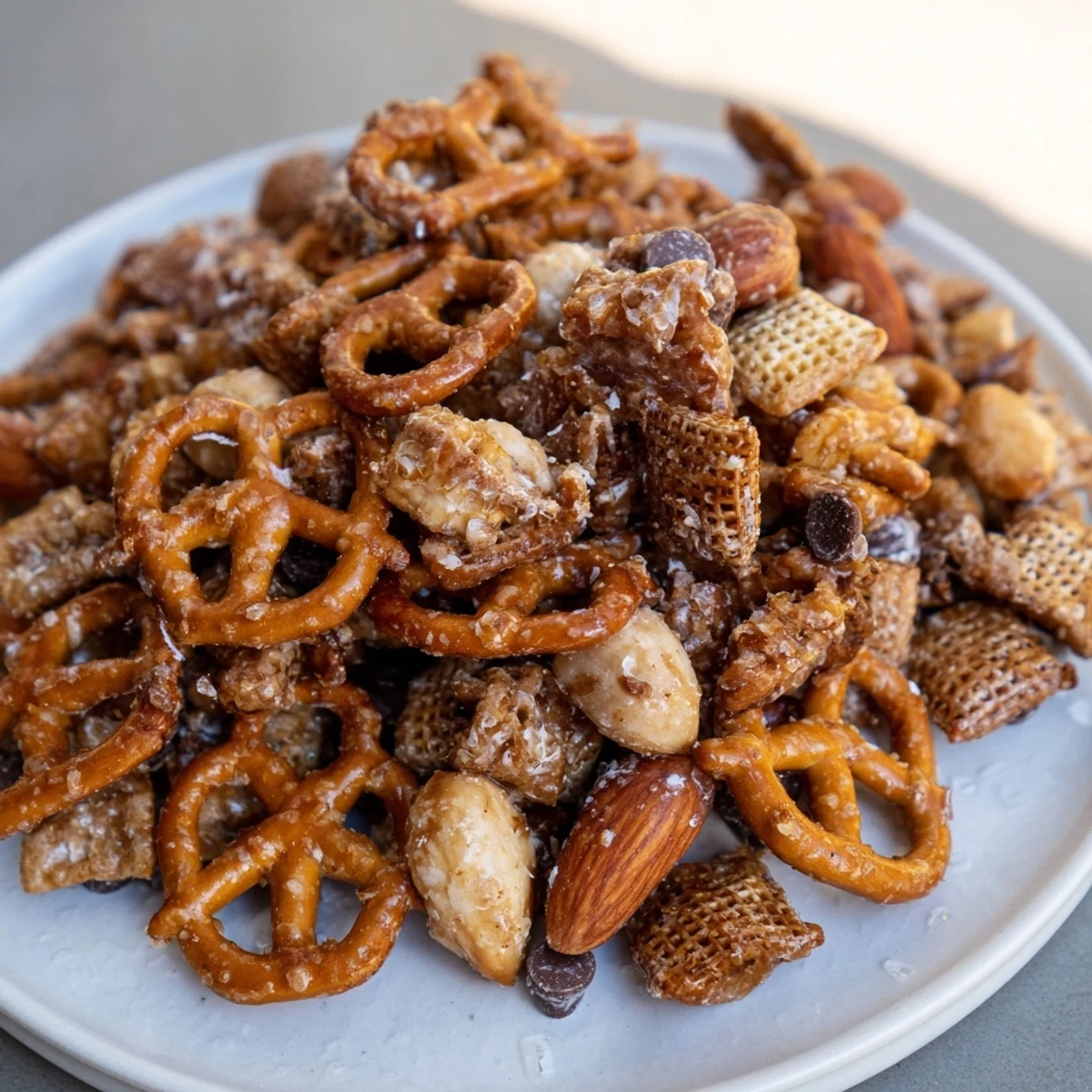 Sweet Festive Pine Cone Snack Mix, glistening with chocolate chips and powdered sugar, ready to enjoy.