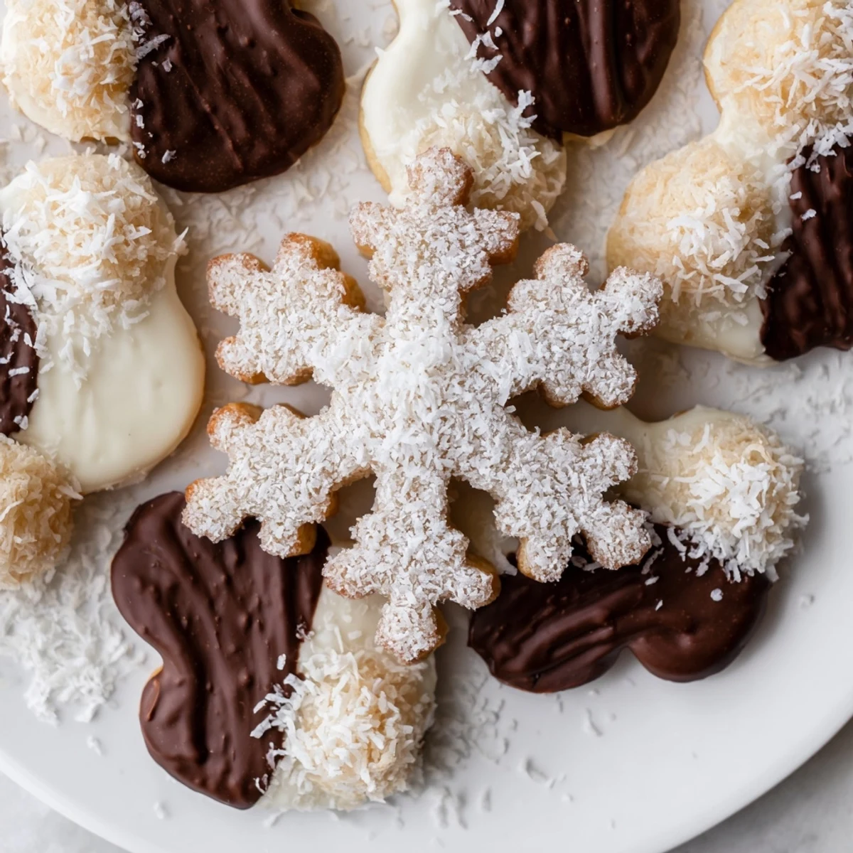 Snowflake Dessert Board: a beautiful holiday spread with cookies, chocolates, and fresh berries.