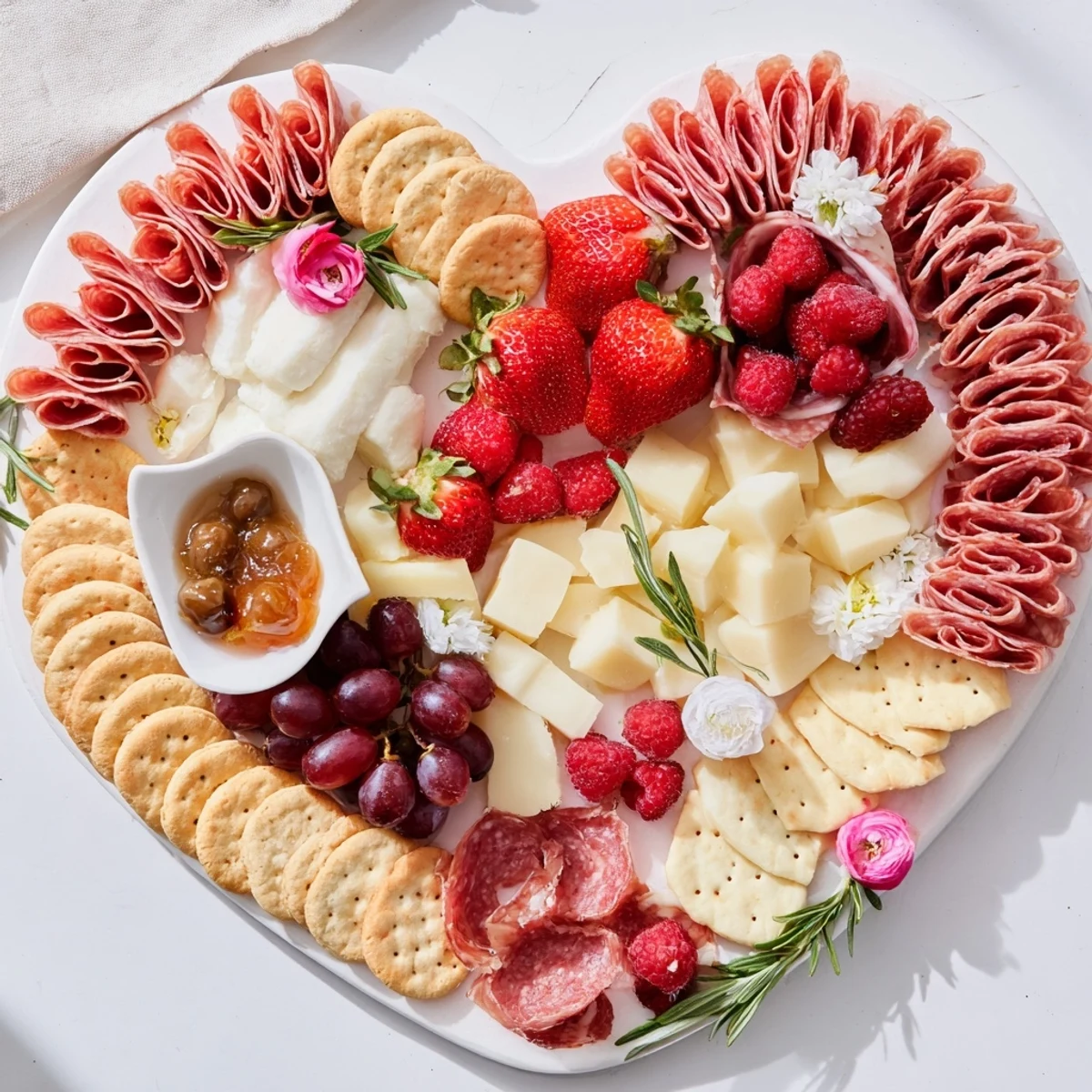 A vibrant heart-shaped charcuterie board with cured meats, cheeses, and fresh fruits ready to enjoy.
