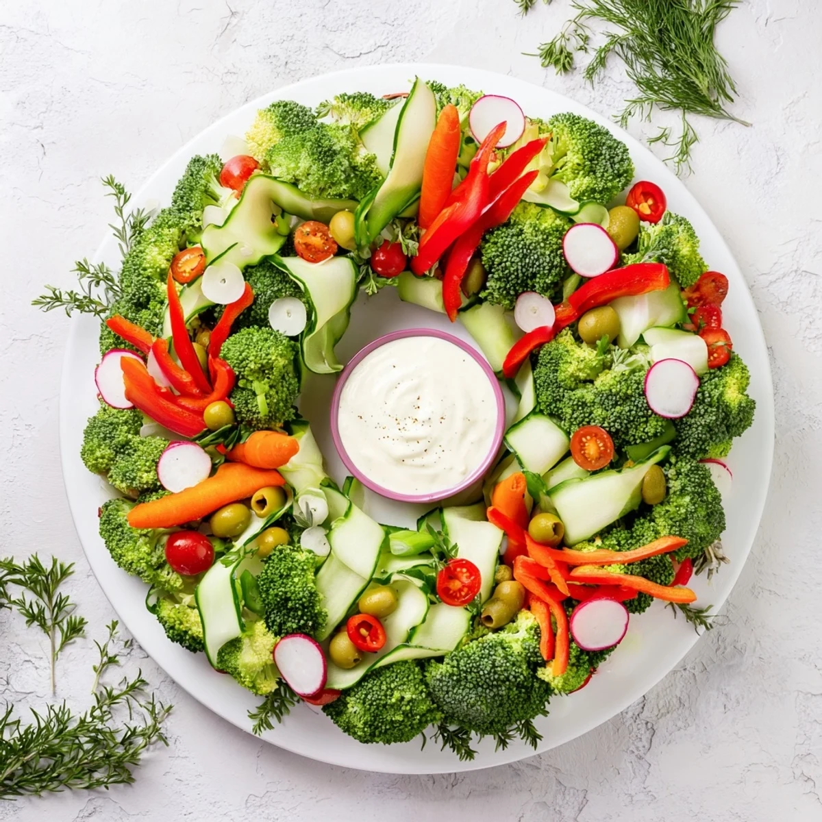 Vibrant Wreath Veggie Dip Platter featuring fresh, colorful vegetables and creamy ranch dip, ready to enjoy.