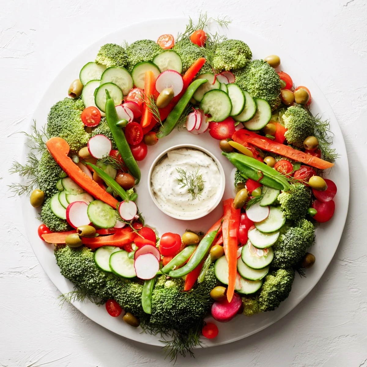 A delicious, party-ready Wreath Veggie Dip Platter, perfect for dipping, packed with garden-fresh flavors.