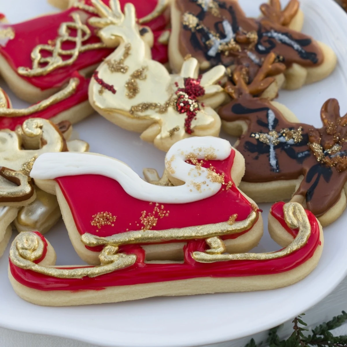 The fully assembled Santa's sleigh cookie display, featuring gingerbread reindeer and vibrant icing details.