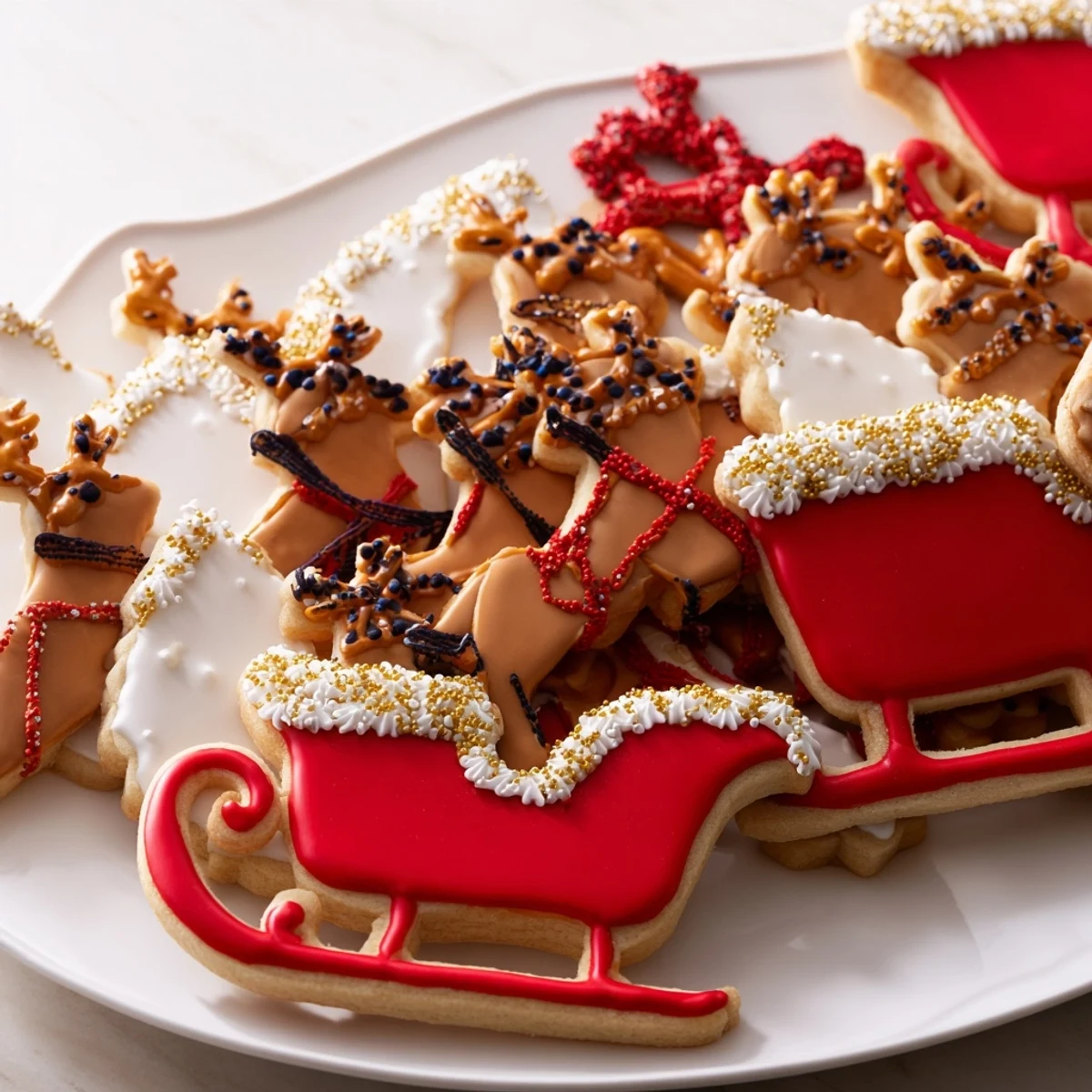 A delightful photo shows a finished Santa's sleigh cookie display, festive and inviting.