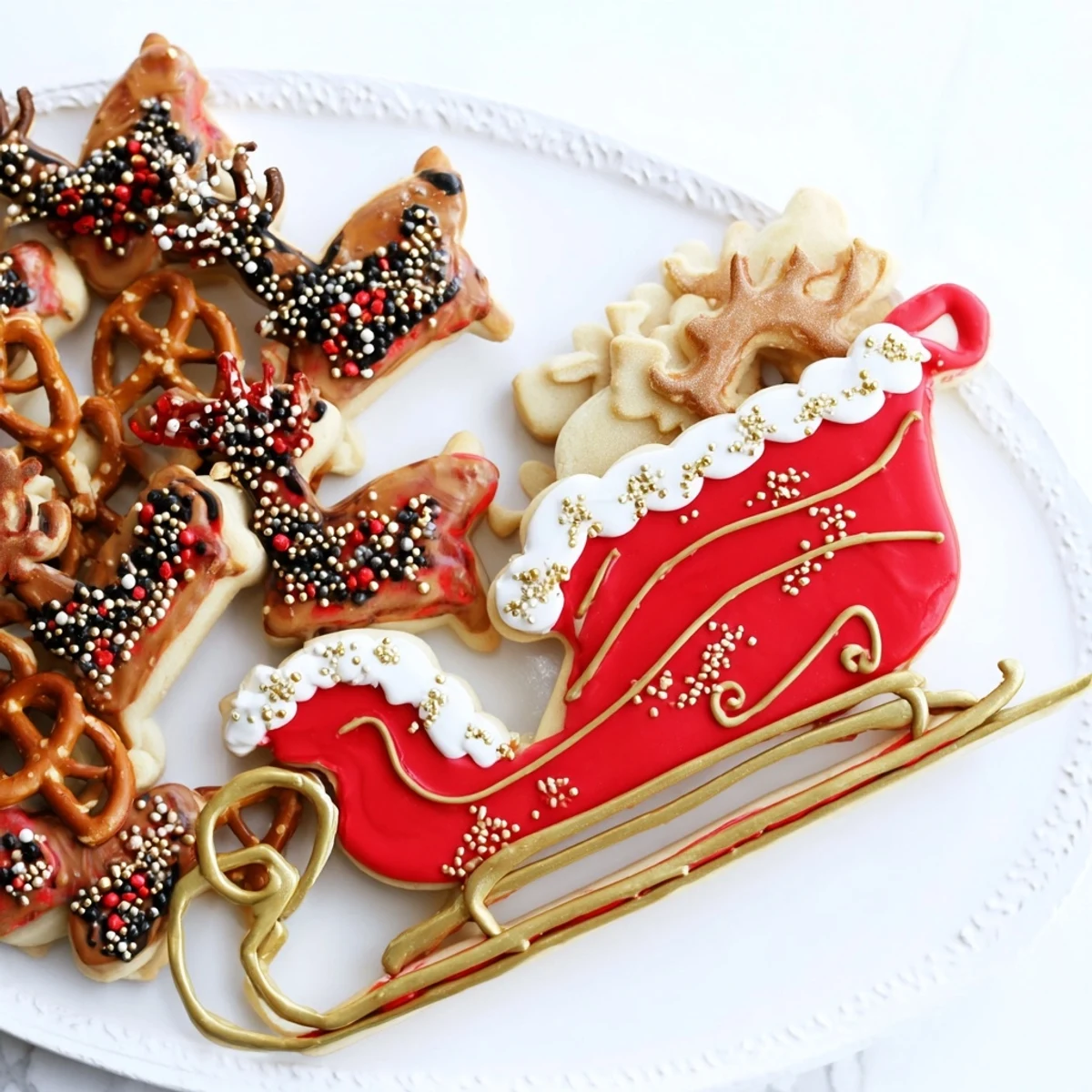Close-up of the intricately decorated Santa's sleigh cookies, ready to be enjoyed at a holiday gathering.
