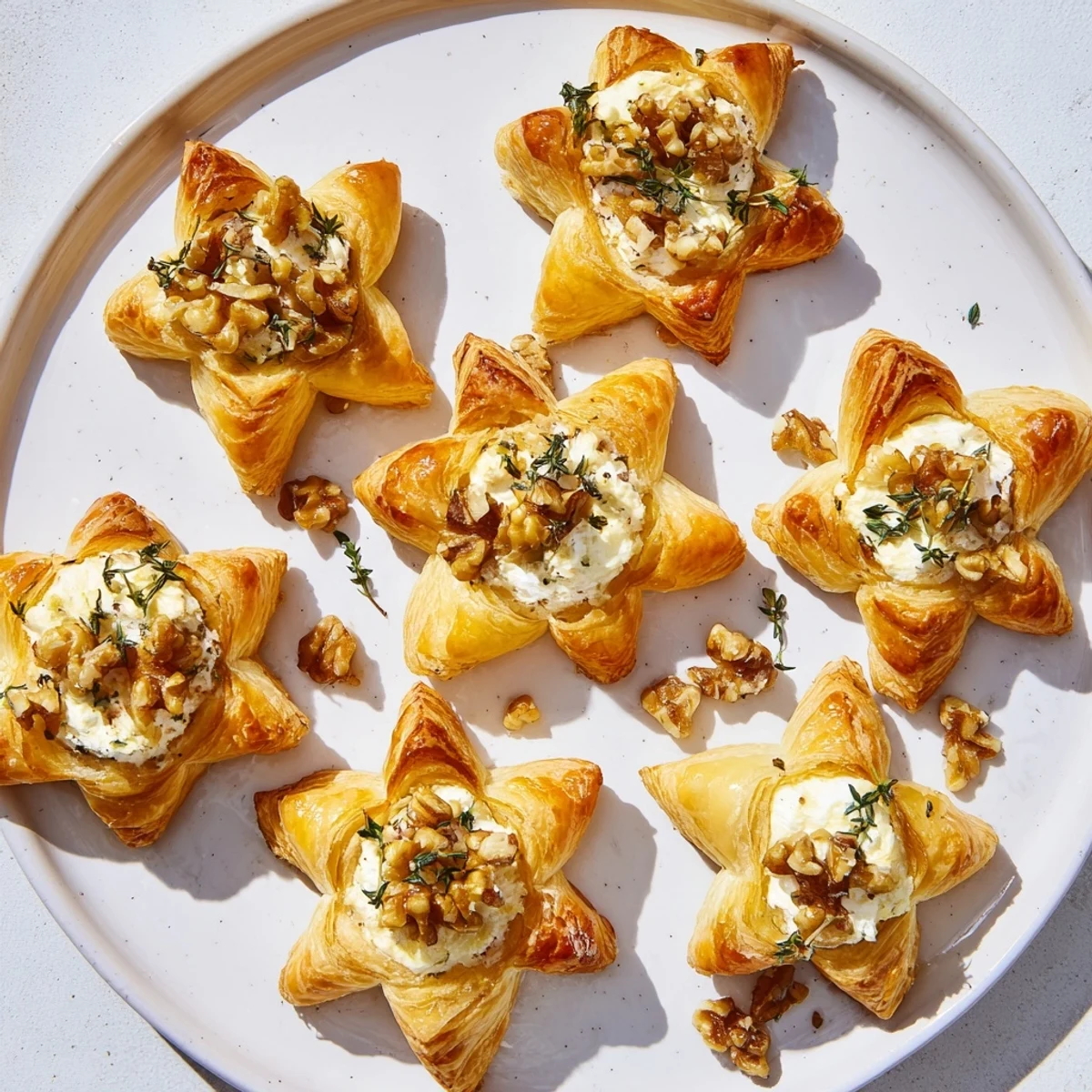 Golden, flaky Starry Night New Years Appetizers, showcasing goat cheese stars with walnut topping for New Year's.