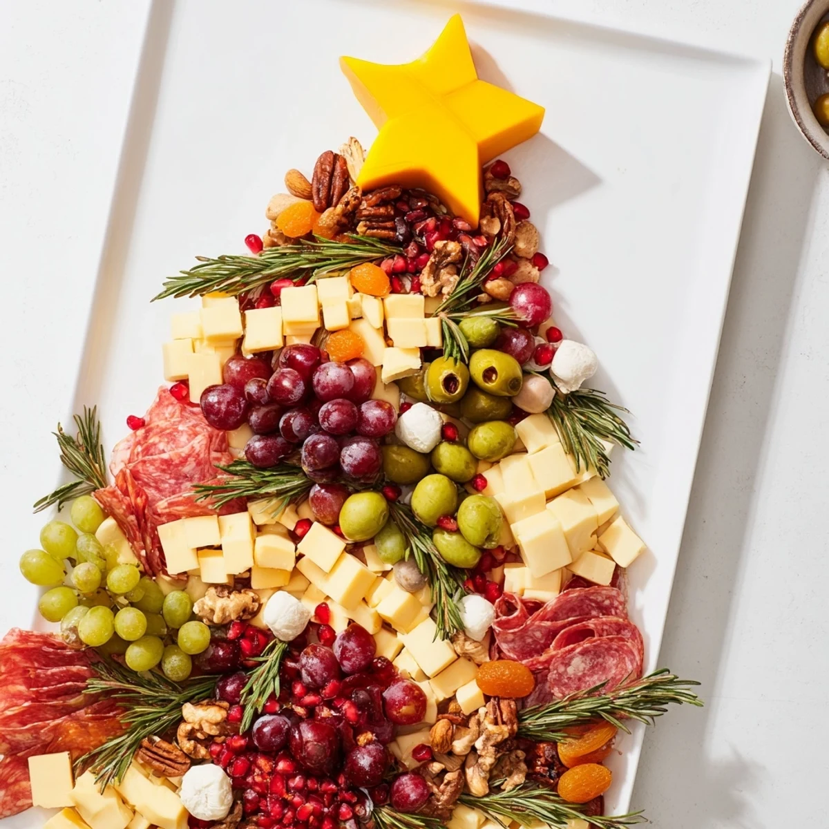 Vibrant Christmas Tree Charcuterie Dream overflowing with cheeses, meats, fruits, and olives to enjoy.