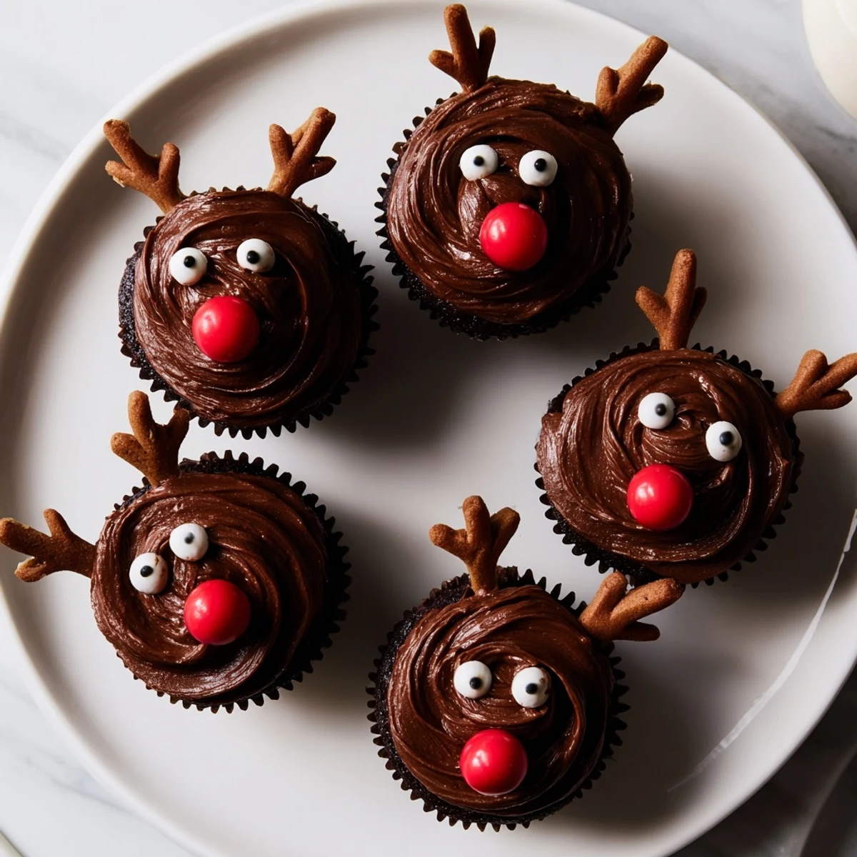 A festive Reindeer Holiday Dessert Platter with chocolate cupcakes, gingerbread antlers, and spiced mousse.