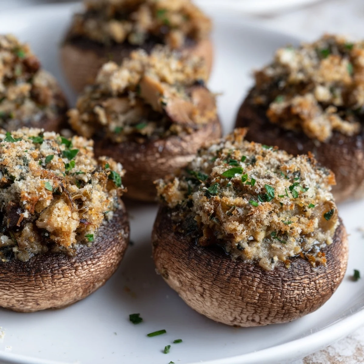 Close-up of baked Enchanted Forest Mushroom Nibbles, showcasing the creamy filling and herbed flavors.