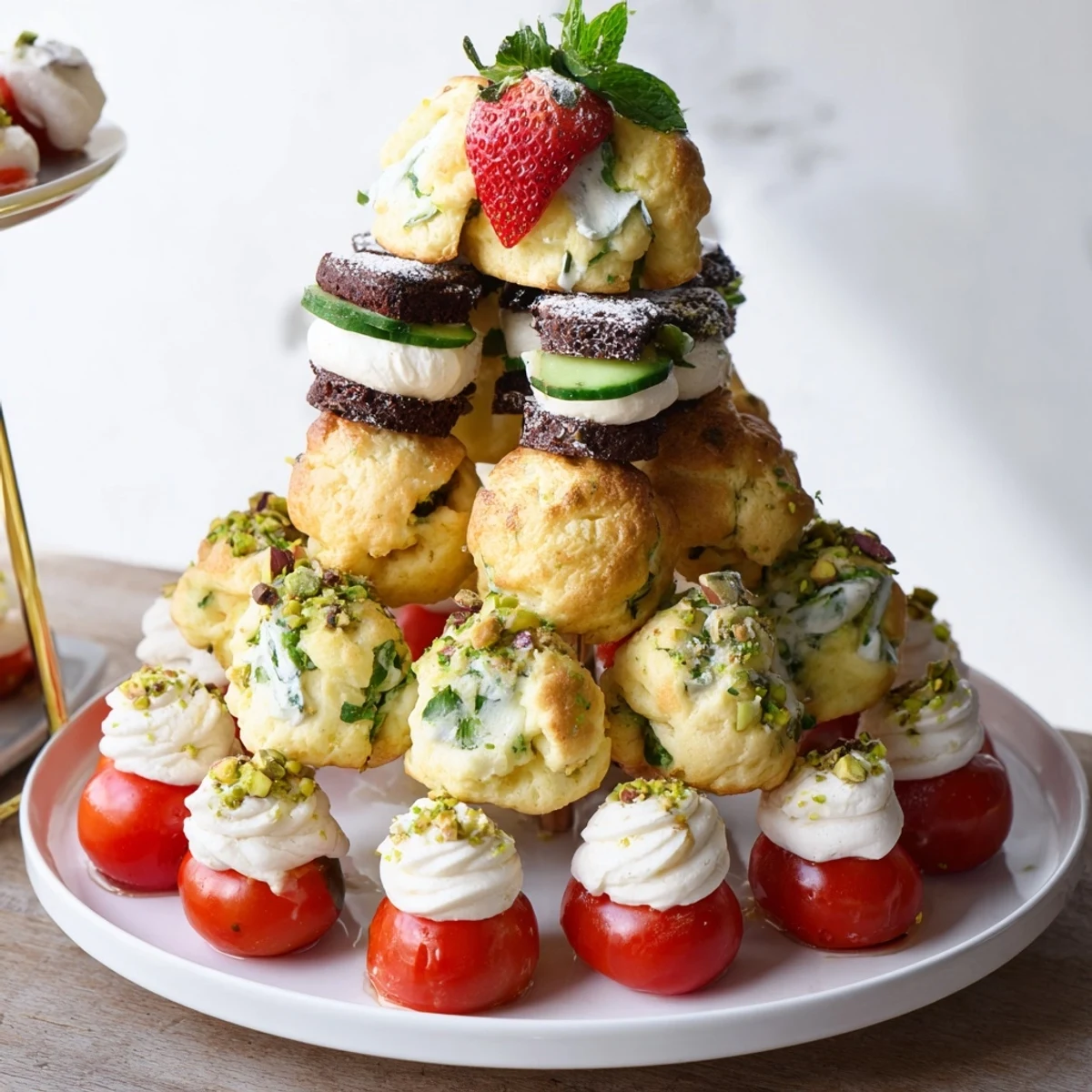 A beautifully stacked Tour dÉléphant Goûter Gourmand snack tower, featuring fresh strawberries and whipped cream.