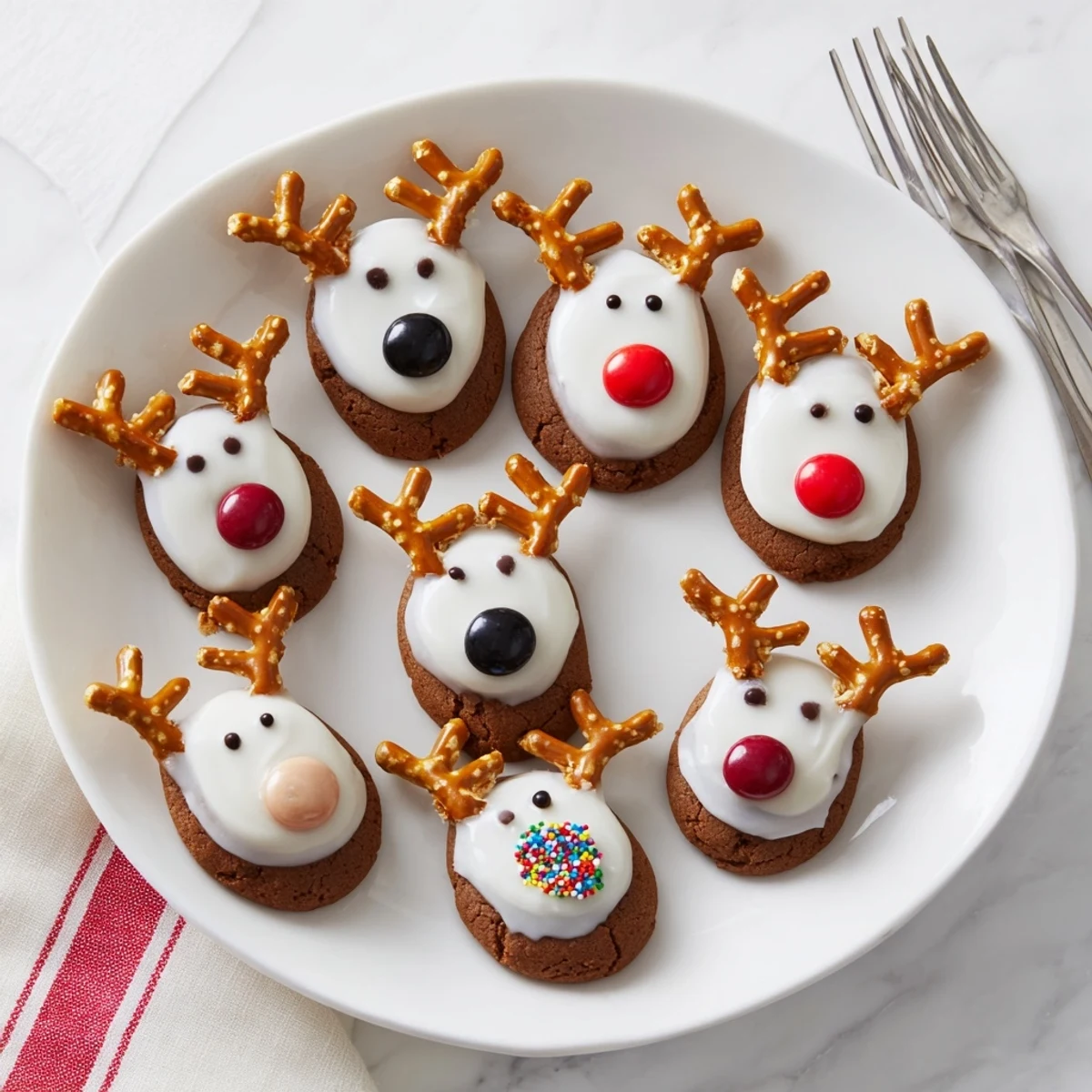 Festive Santa's Reindeer Cookie Platter, with adorable pretzel antlers and colorful candies.
