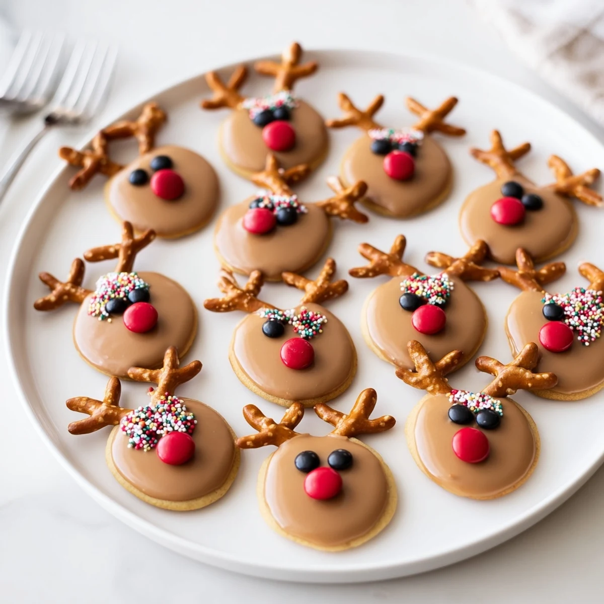 A delightful view of Santa's Reindeer Cookie Platter, showcasing iced reindeer faces, ready to eat.
