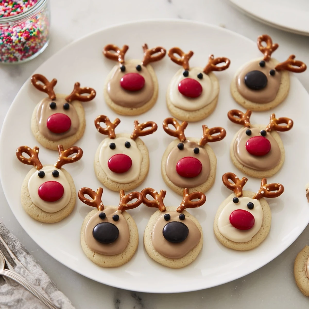 Close-up of freshly decorated Santa's Reindeer Cookie Platter, a sweet treat for any holiday party.